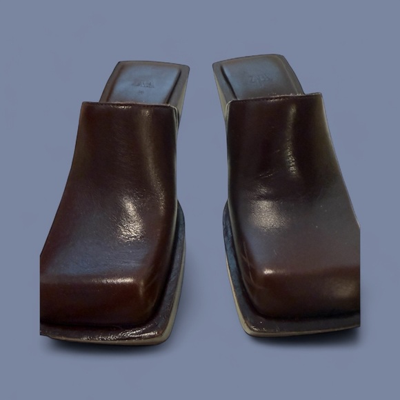 Zara Brown Leather Squared Toe Clogs EUC - Picture 1 of 9